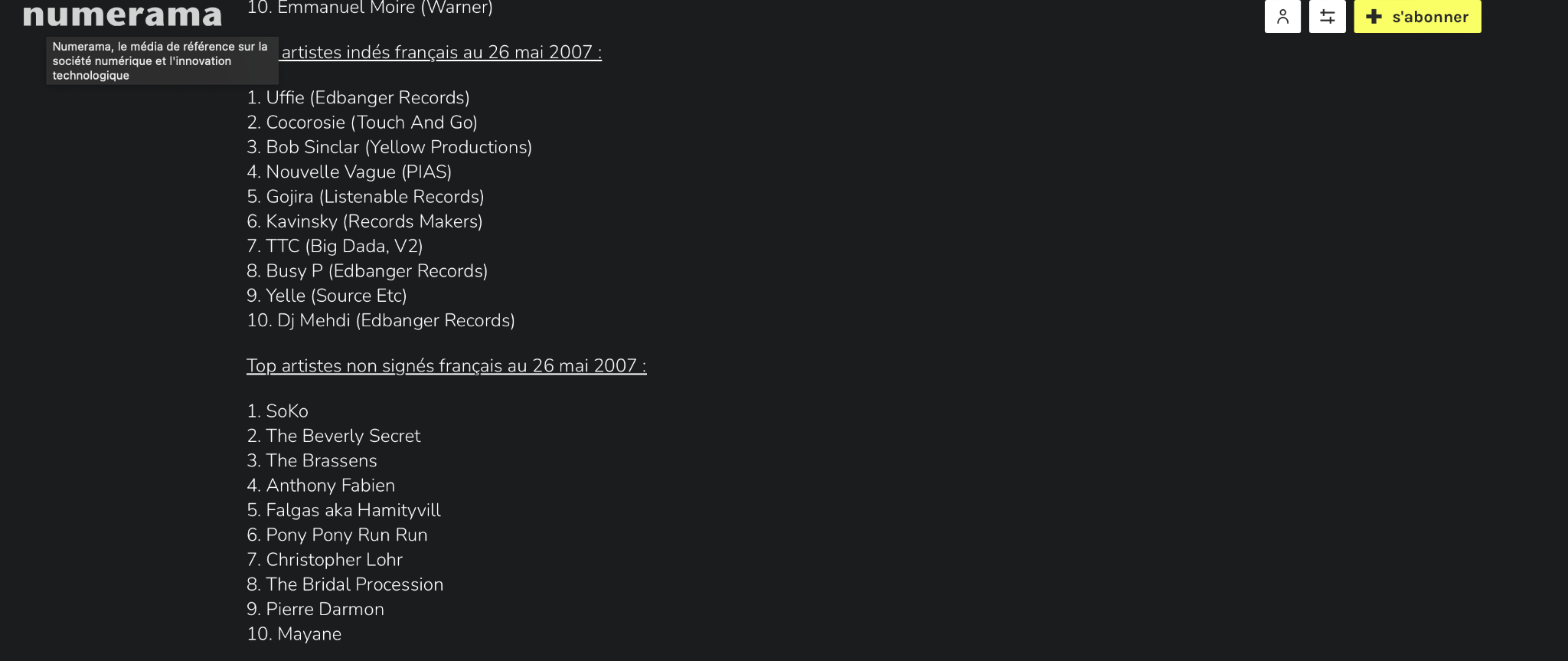 Classement MySpace du 26 mai 2007