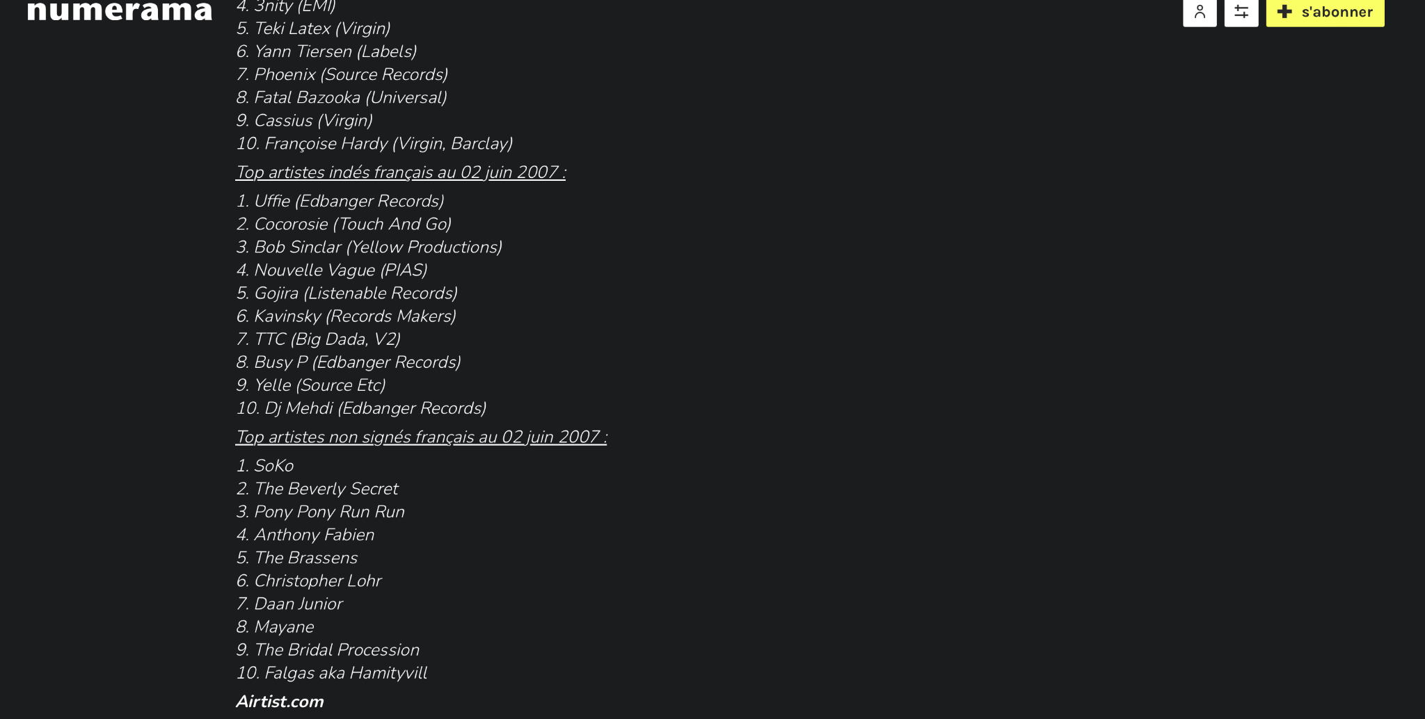 Classement MySpace du 2 juin 2007
