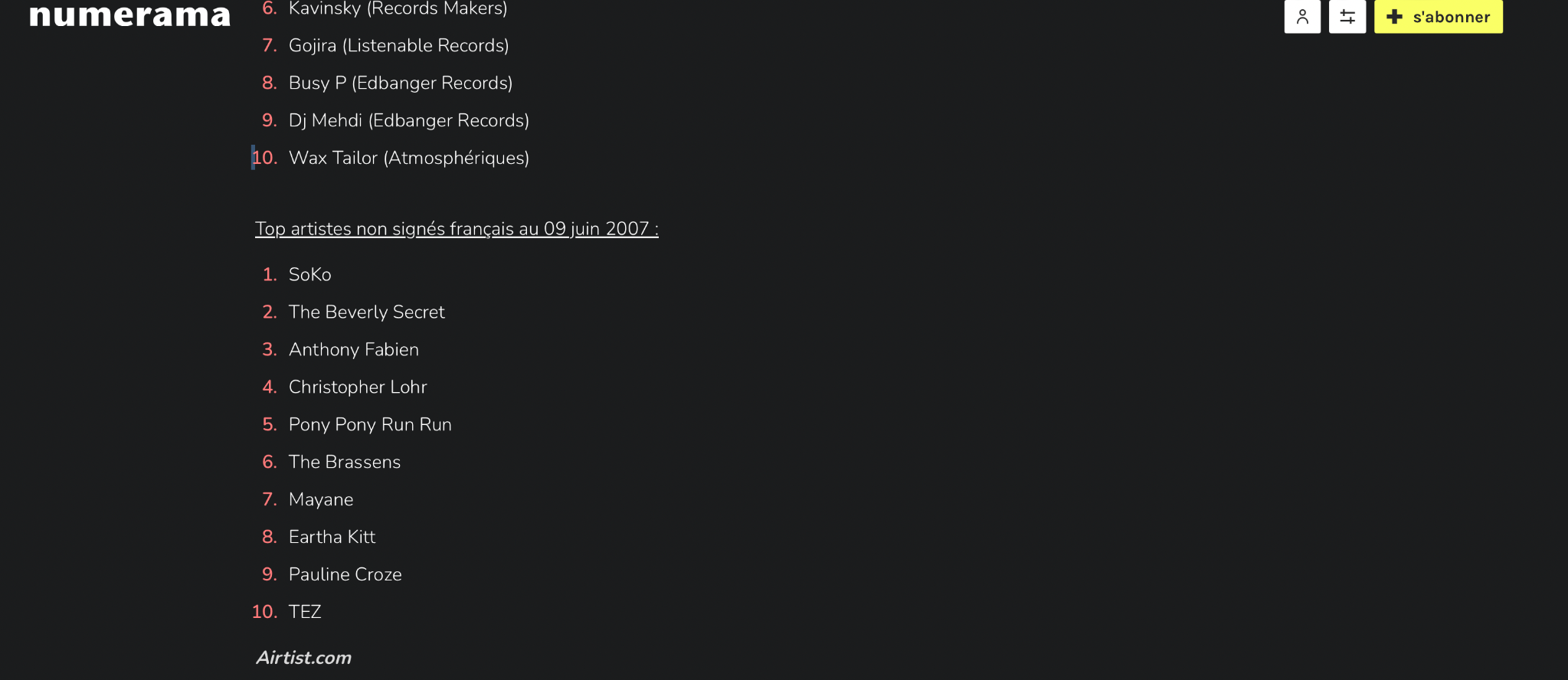 Classement MySpace du 9 juin 2007