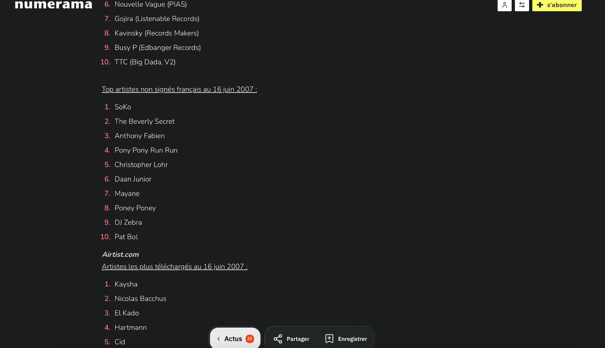 Classement MySpace du 16 juin 2007