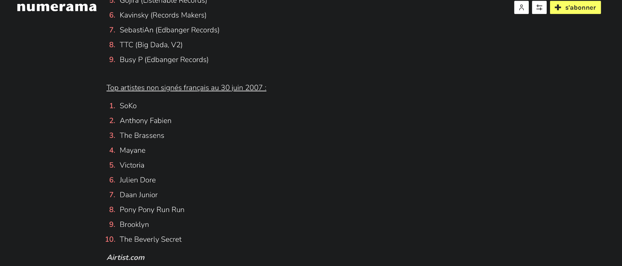 Classement MySpace du 30 juin 2007